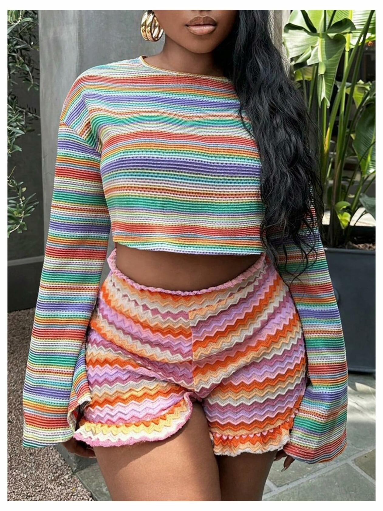 RoseSeek Women's Striped Crop Top Long Sleeve Knit Tee Multicolor Size S