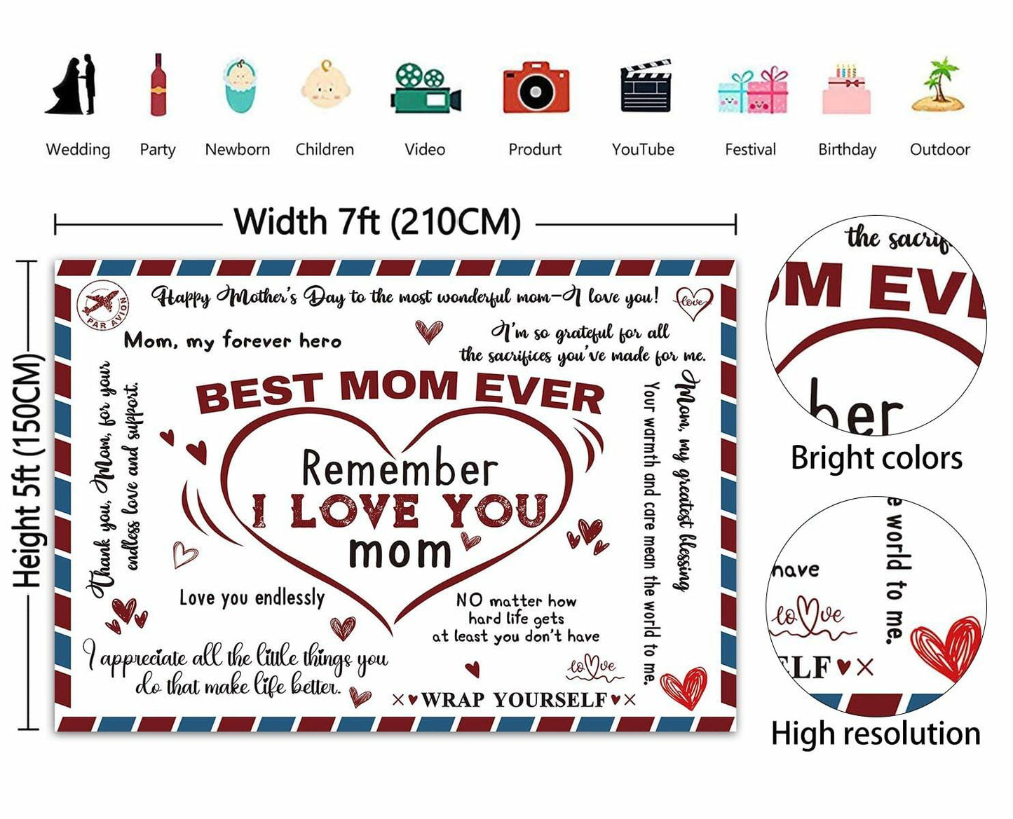 PGSWEER Mother's Day Backdrop 7x5FT Love Heart Banner Photo Booth Props