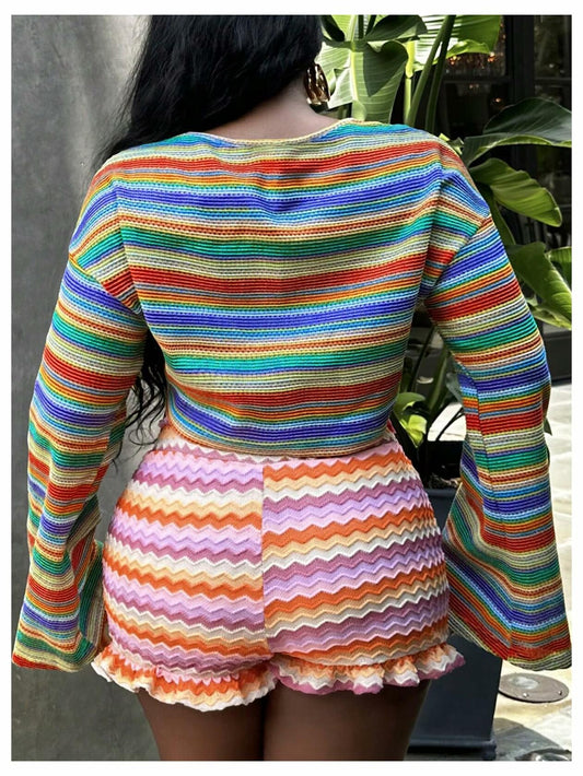 RoseSeek Women's Striped Crop Top Long Sleeve Knit Tee Multicolor Size S