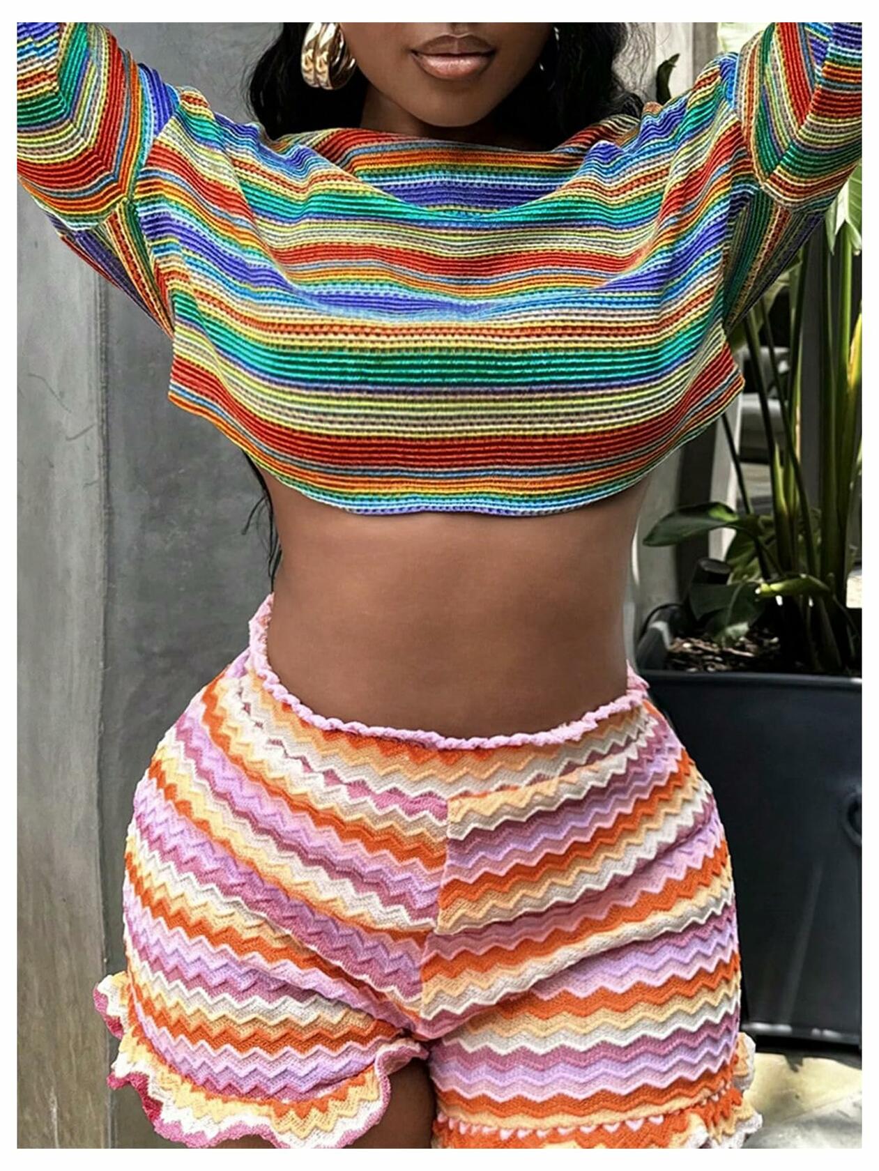 RoseSeek Women's Striped Crop Top Long Sleeve Knit Tee Multicolor Size S