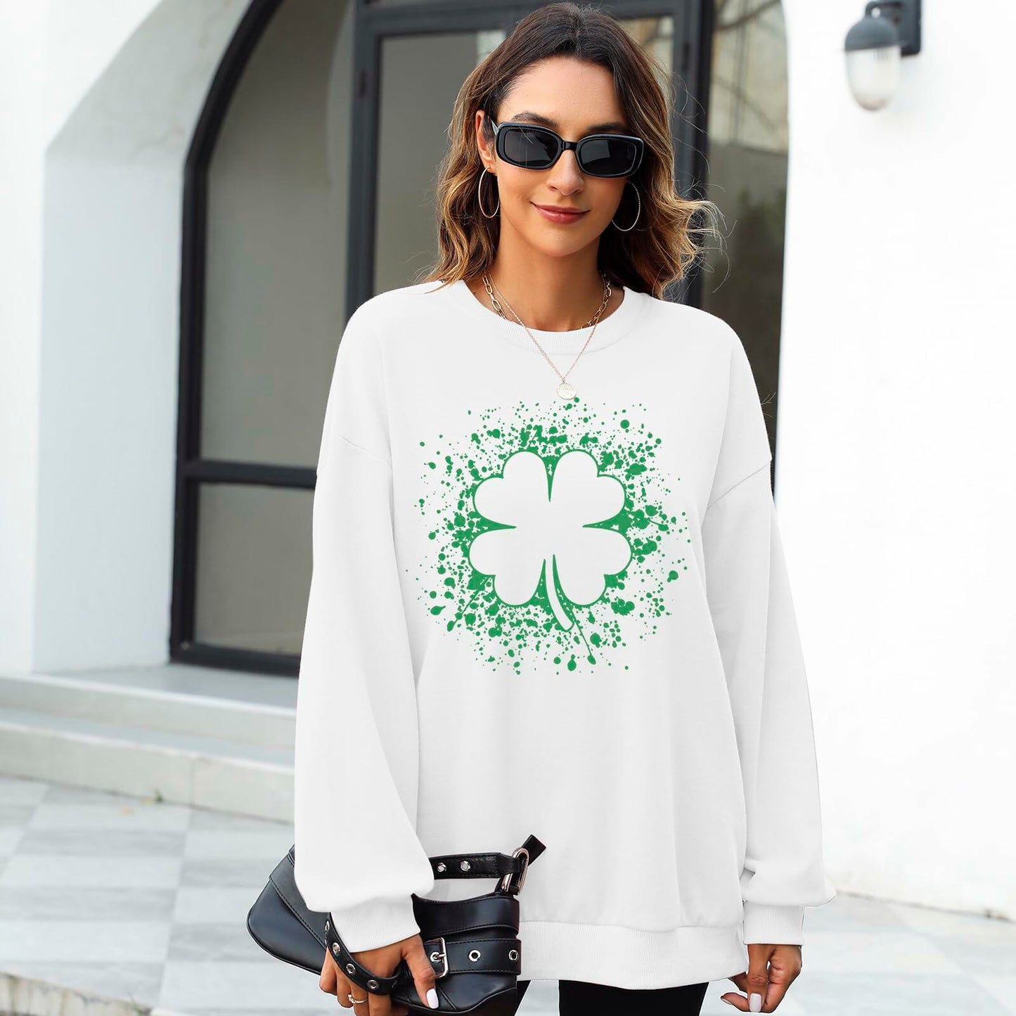 Women St Patricks Shamrock Lucky Clover Sweatshirt Pullover White Size XL