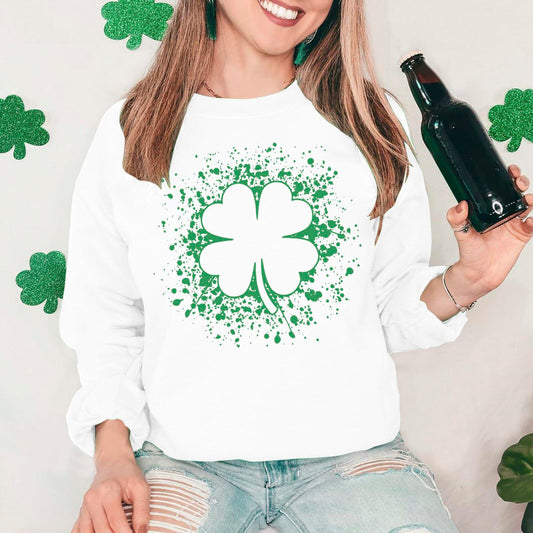 Women St Patricks Shamrock Lucky Clover Sweatshirt Pullover White Size XL
