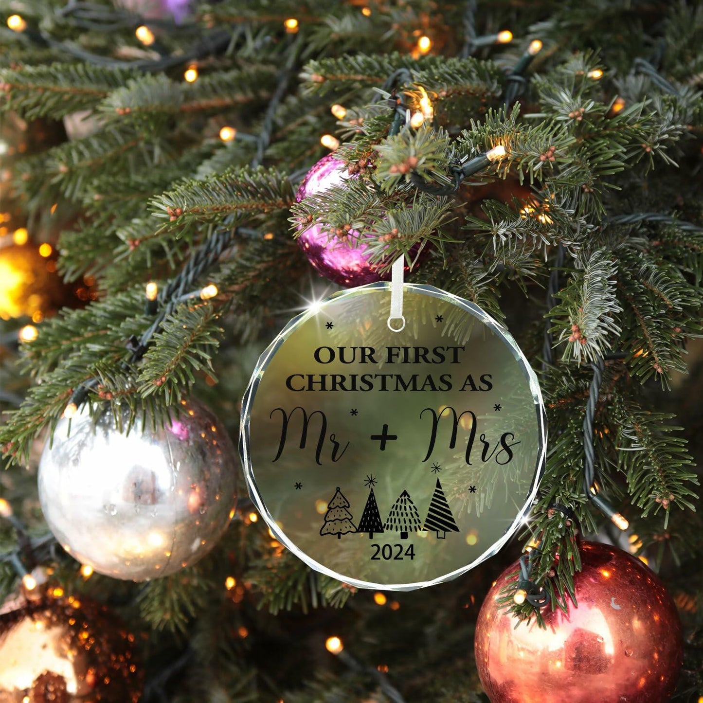 Engagement Ornament 2024 Glass Keepsake Gift for Couple Bride Her White Xmas