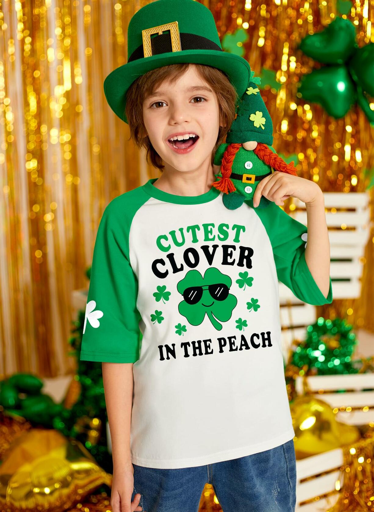 St. Patrick's Day Kids Clover T-Shirt Green White Raglan Top 4T Crewneck