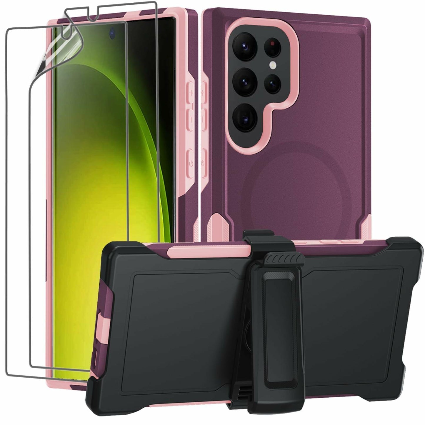 THMEIRA Samsung Galaxy S23 Ultra Case 2 Pack Belt Clip Screen Protector Purple