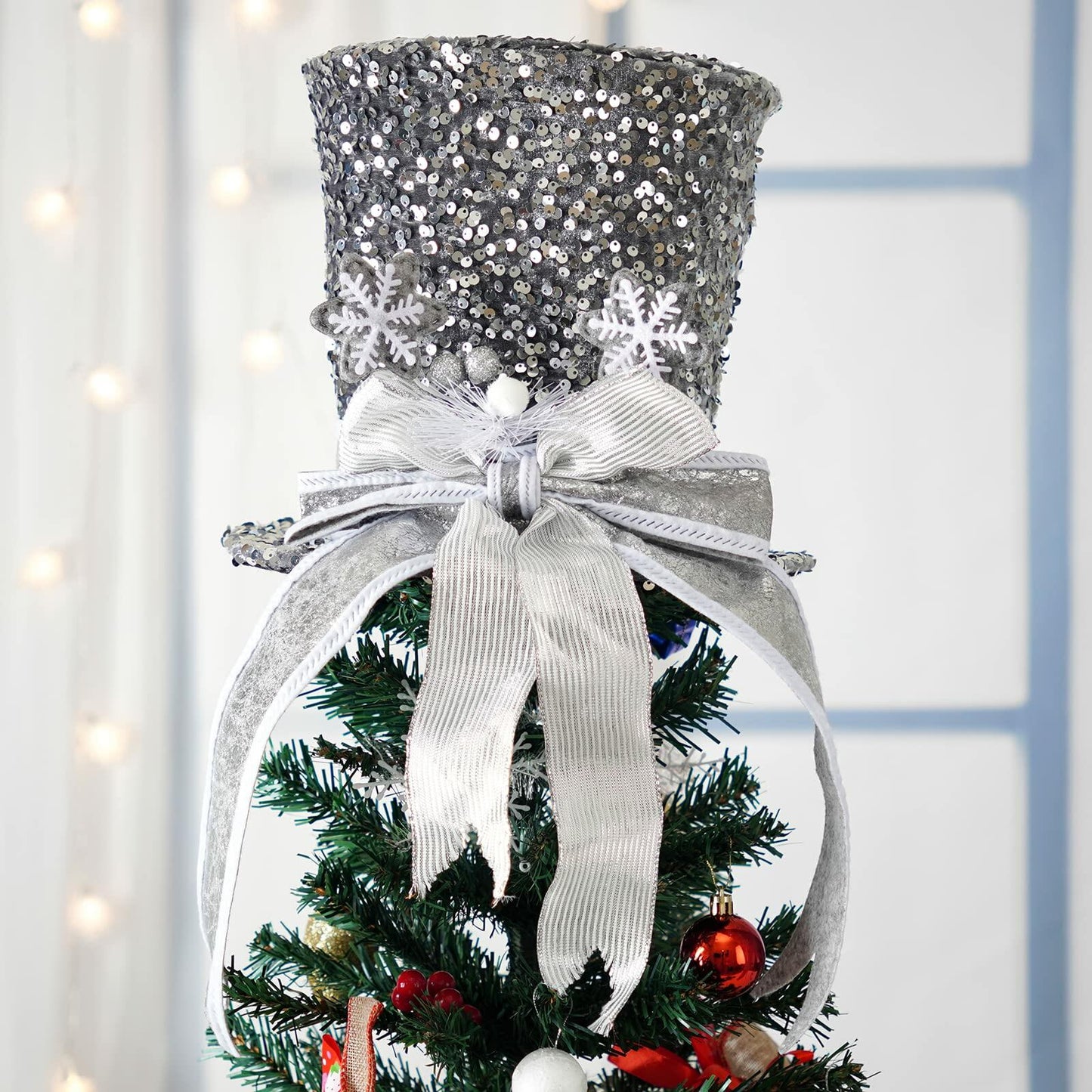 PIKRONSH Christmas Tree Topper Silver Sequins Top Hat Decoration
