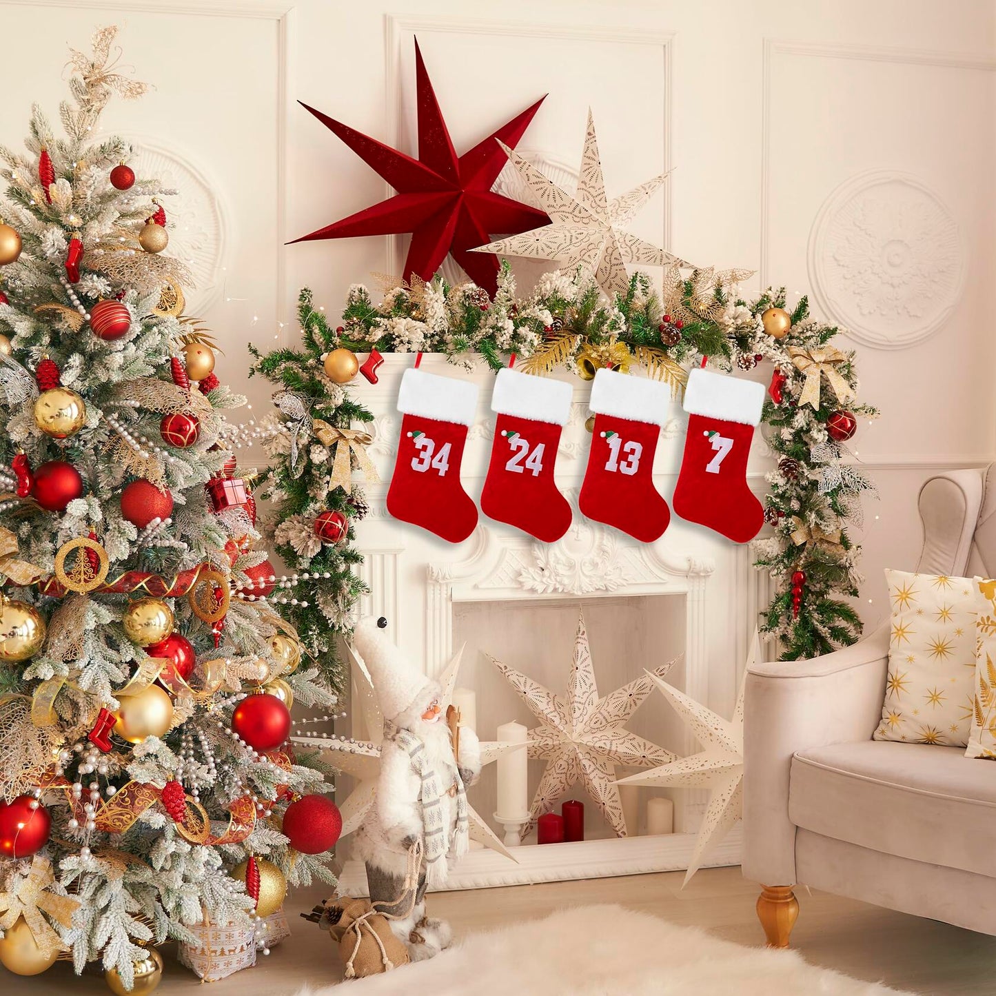 BELISHMIE 20-Inch Red Christmas Stocking Gold Embroidered Number 23