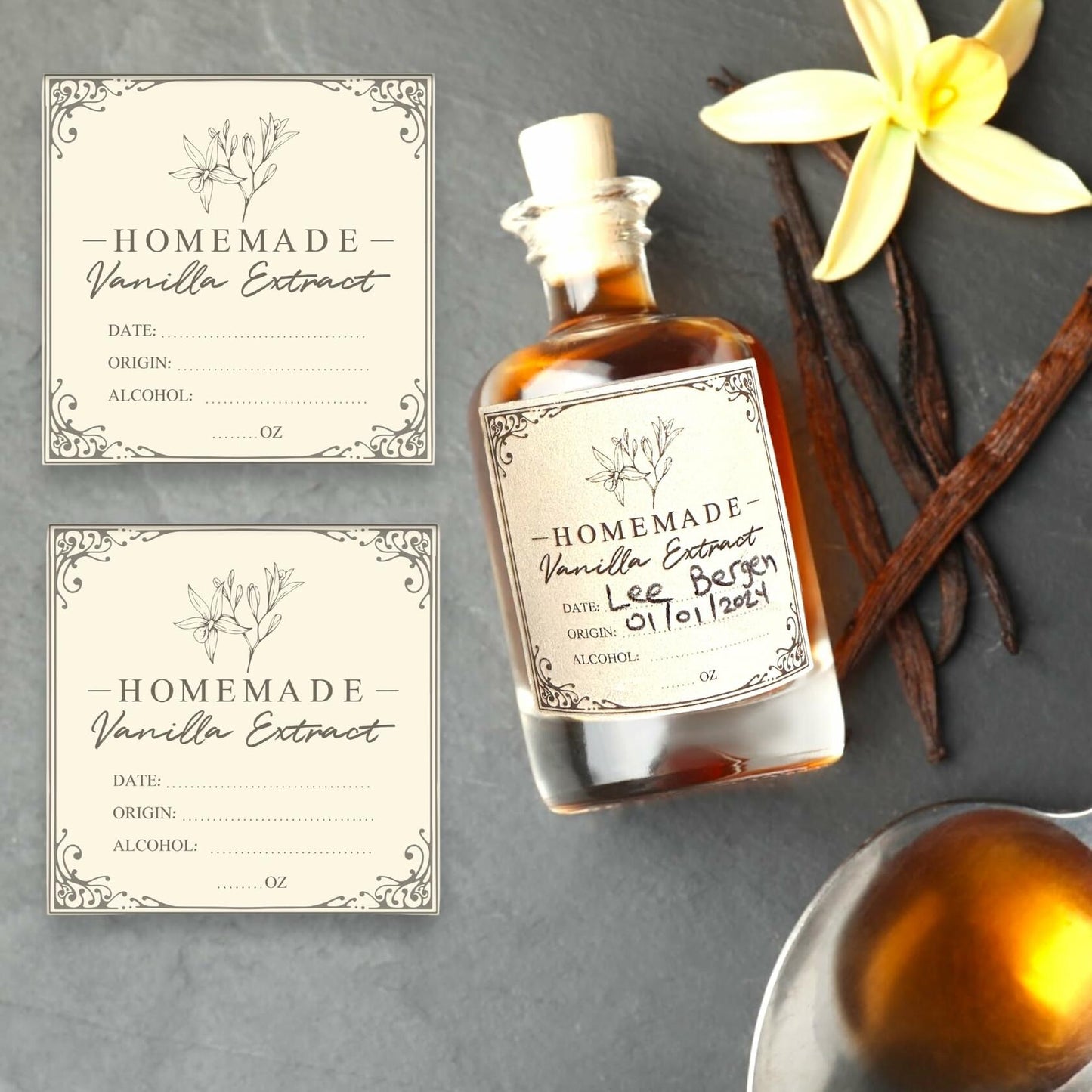 Vanilla Extract Labels 2x2in Square Stickers 12 Pcs for Bottles