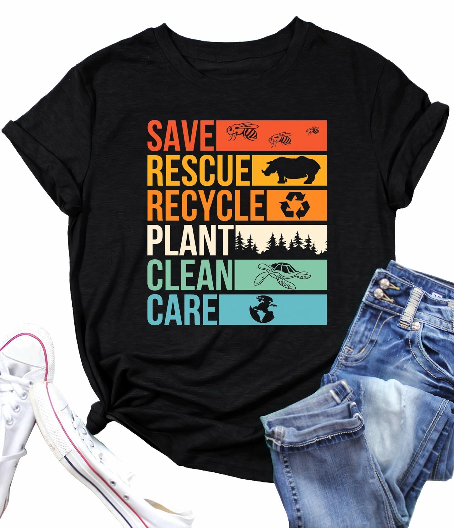 Earth Day Shirts Women Save Planet Bee Graphic T-Shirt Black Size S