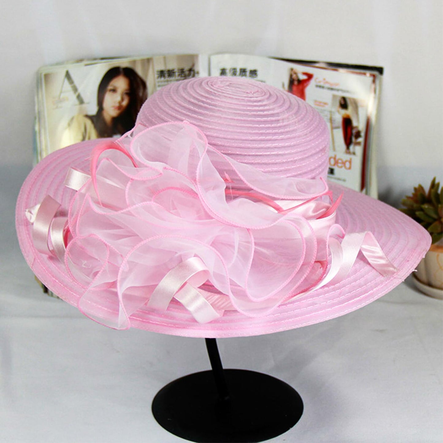 Women Organza Bowler Kentucky Derby Fascinator Hat Pink Bridal Wedding