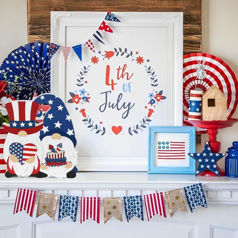 DECSPAS 4th of July Double Sided Wooden Tiered Tray Red White Blue Decor