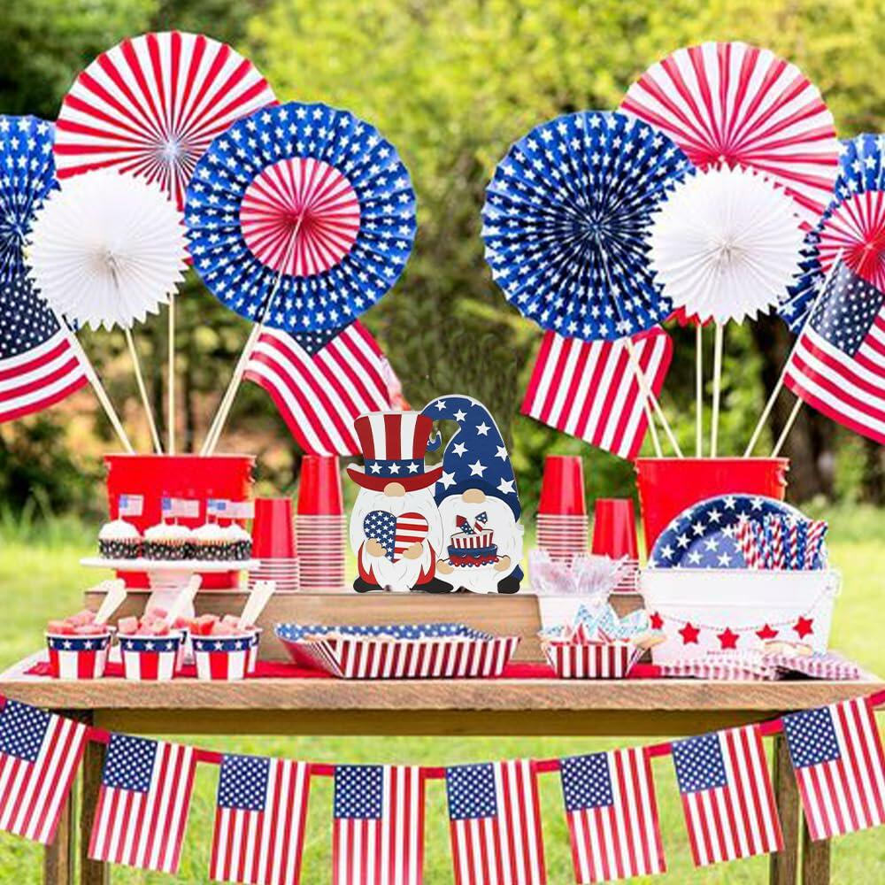 DECSPAS 4th of July Double Sided Wooden Tiered Tray Red White Blue Decor