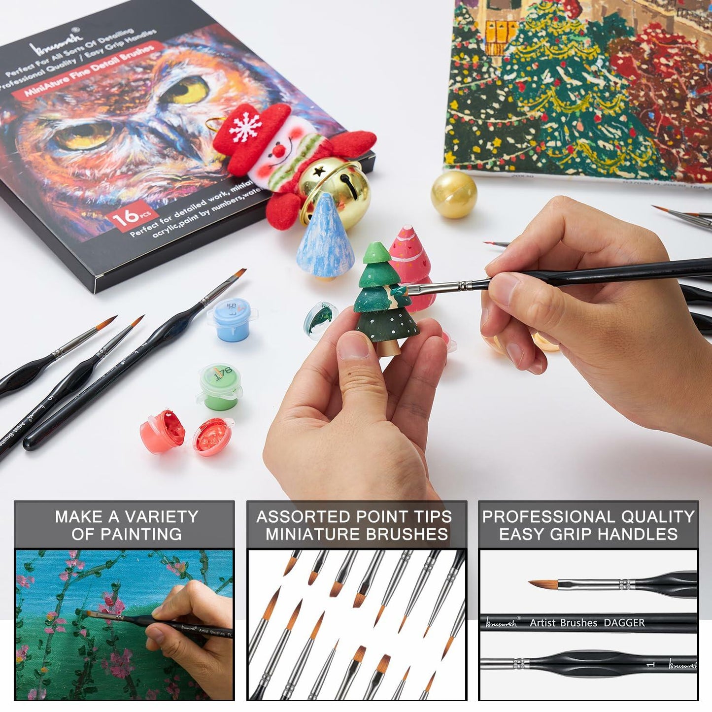Brusarth 16pcs Mini Detail Paint Brushes Set for Acrylics Oils Watercolors