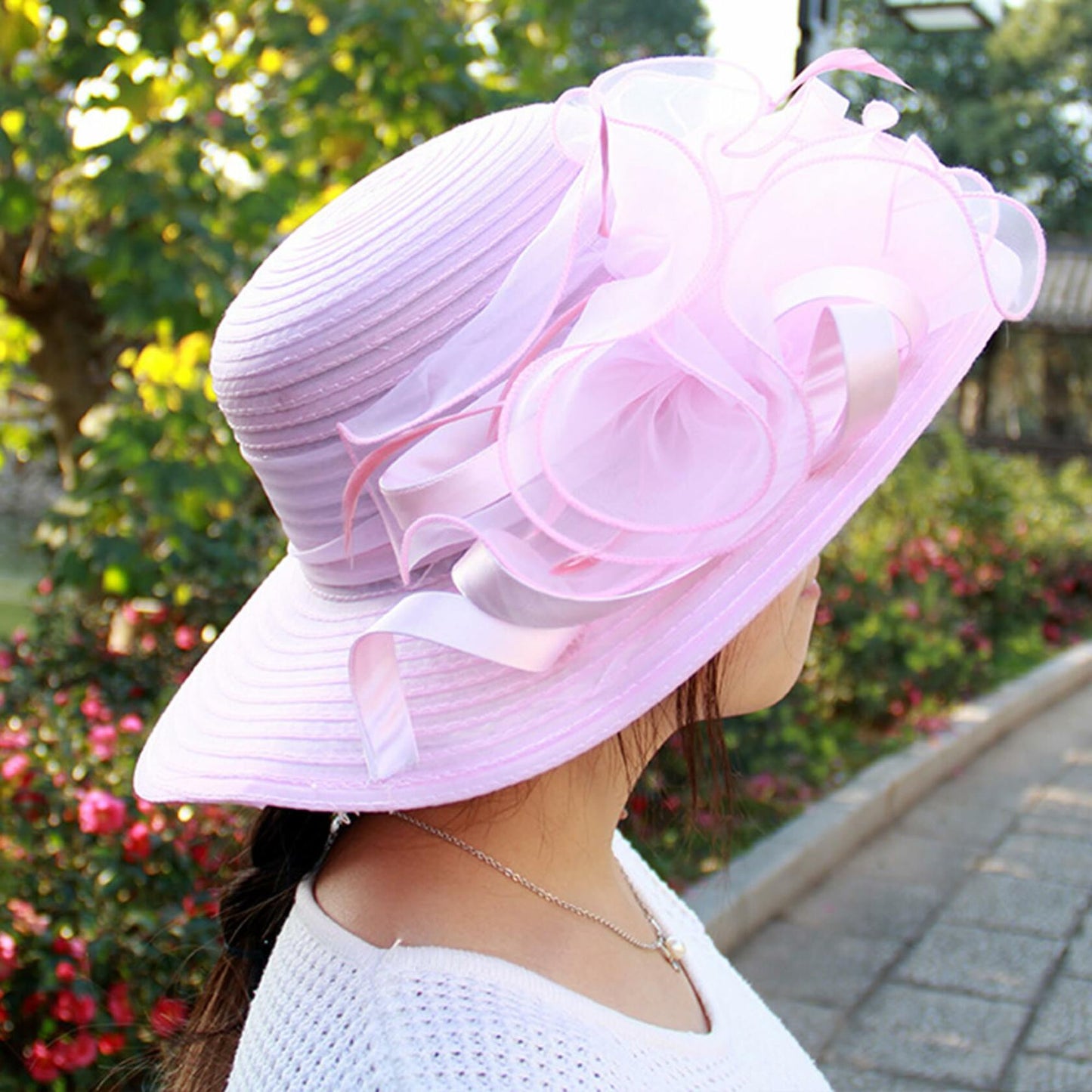 Women Organza Bowler Kentucky Derby Fascinator Hat Pink Bridal Wedding