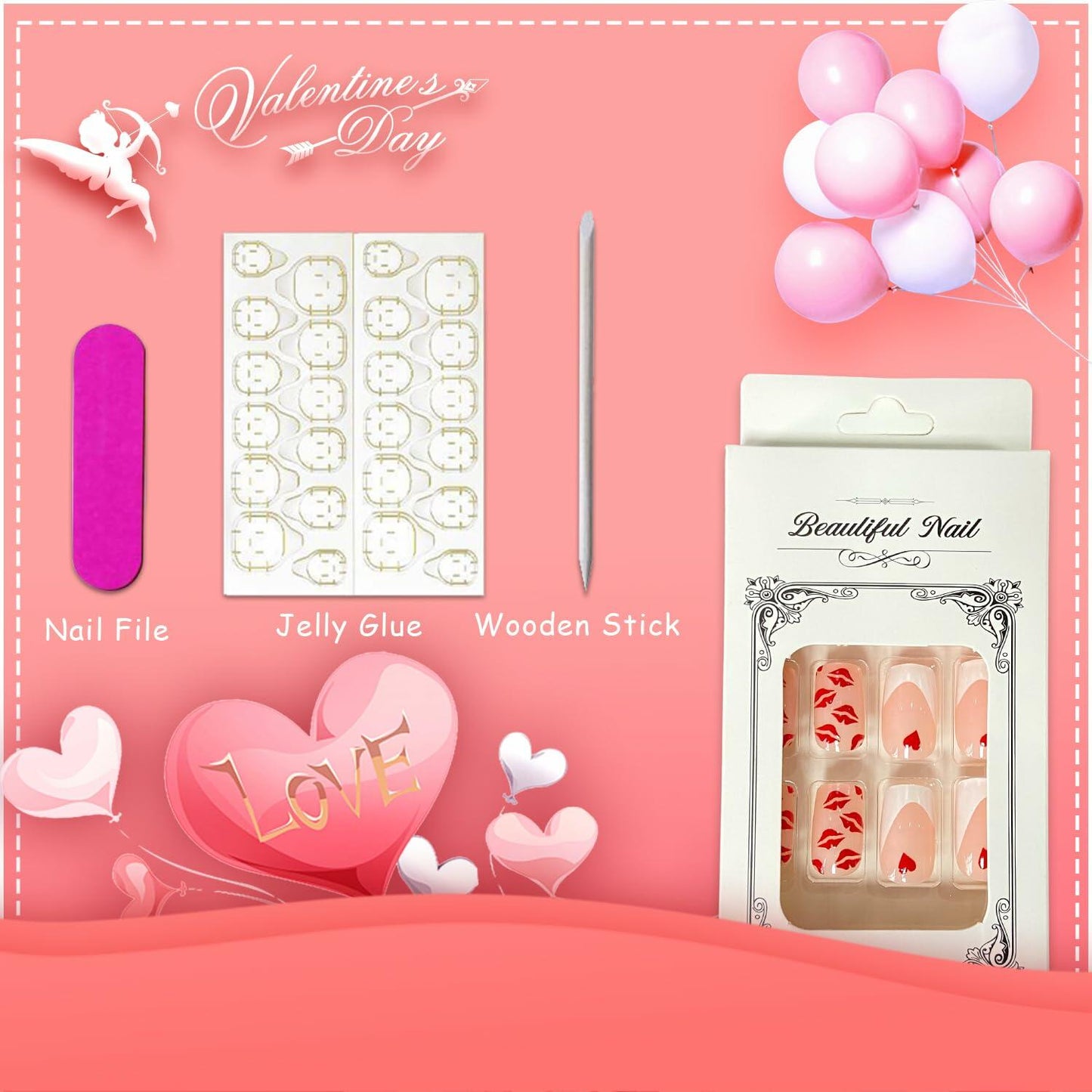Valentine's Day Press On Nails Medium Square Red Lips Pink Heart French Tip