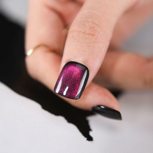 Purple Press On Nails Short Square Acrylic Cat Eye Color Changing 24 Pcs
