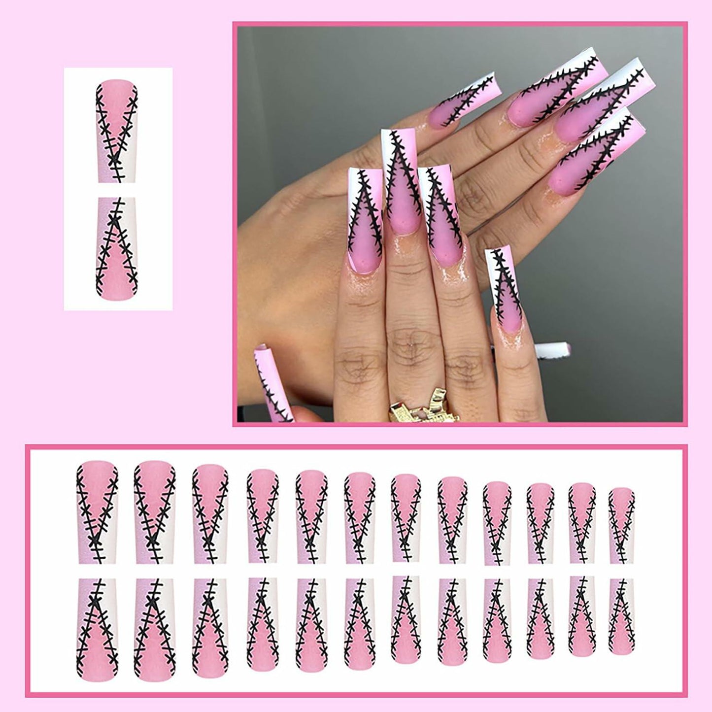 RIICFDD Halloween Fake Nails 24 Pcs Coffin Pink French Tip Ghost Designs