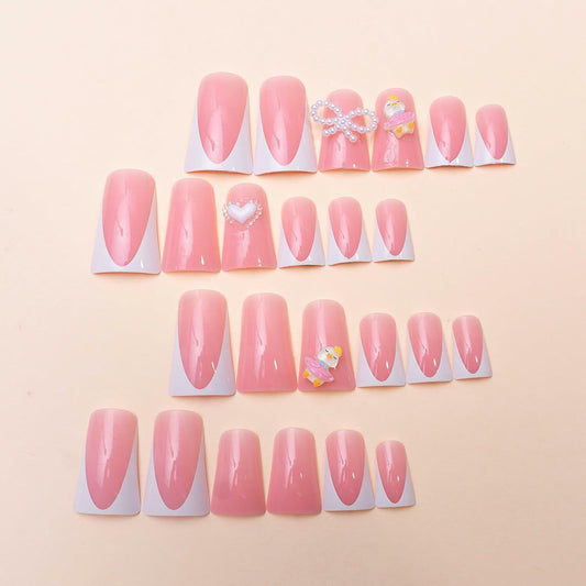 RIICFDD French Press On Nails 24 Pcs Medium Nude Pink White Tips Charms