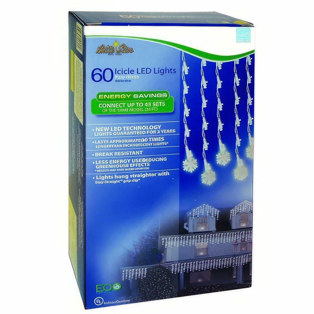 Brite Star Snowflake Icicle Light Set 60 Lights Pure White LED Christmas