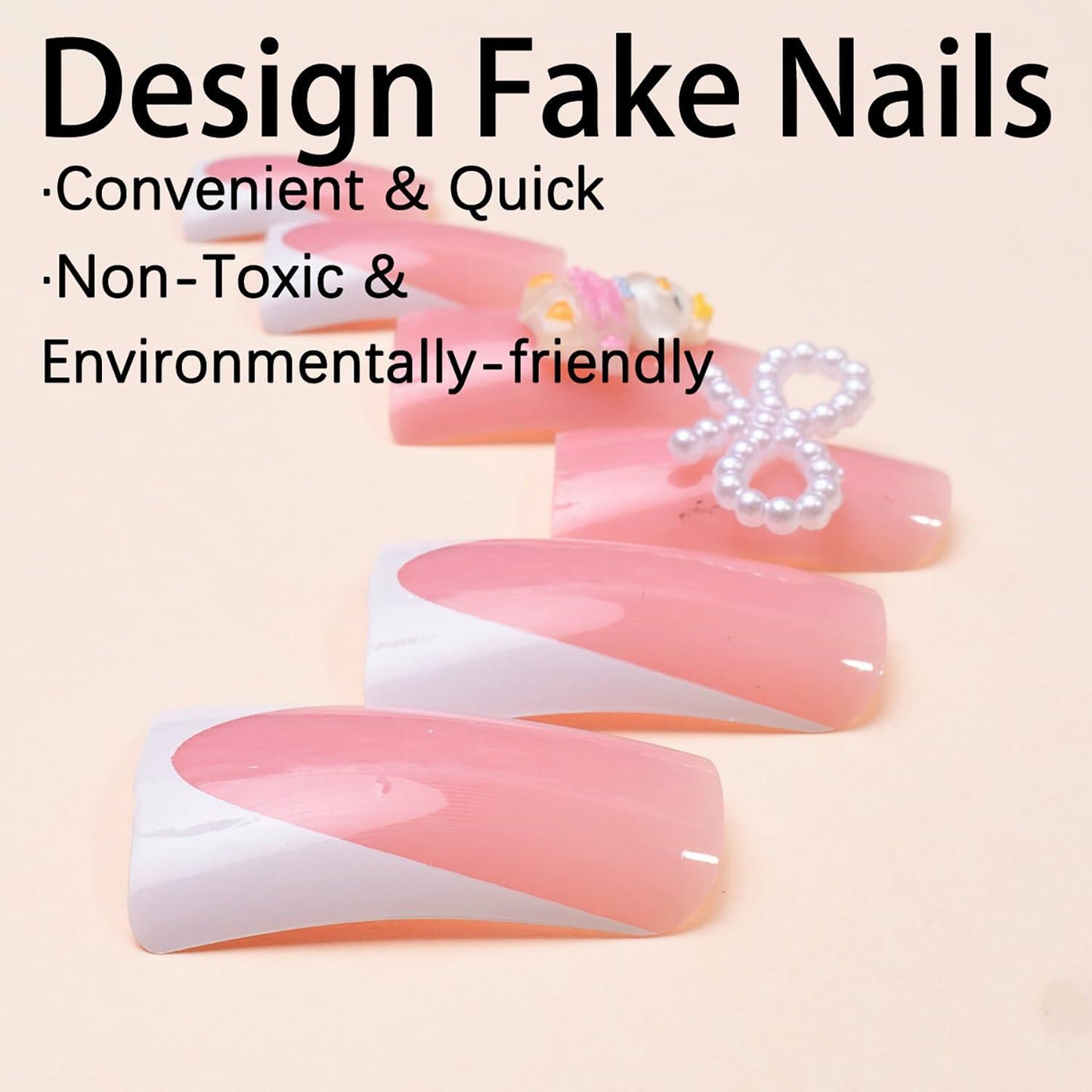 RIICFDD French Press On Nails 24 Pcs Medium Nude Pink White Tips Charms