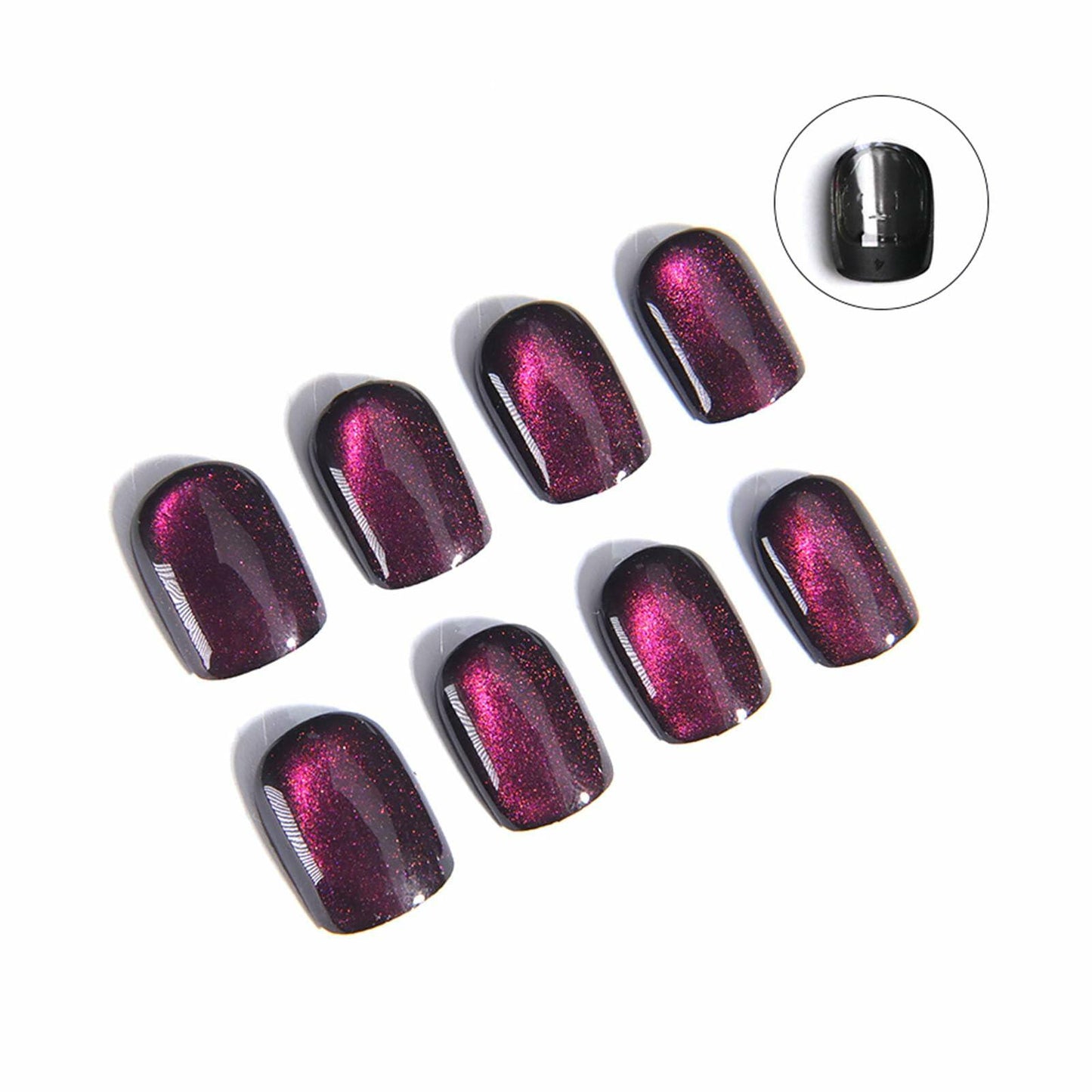 Purple Press On Nails Short Square Acrylic Cat Eye Color Changing 24 Pcs