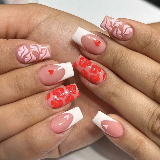 Valentine's Day Press On Nails Medium Square Red Lips Pink Heart French Tip