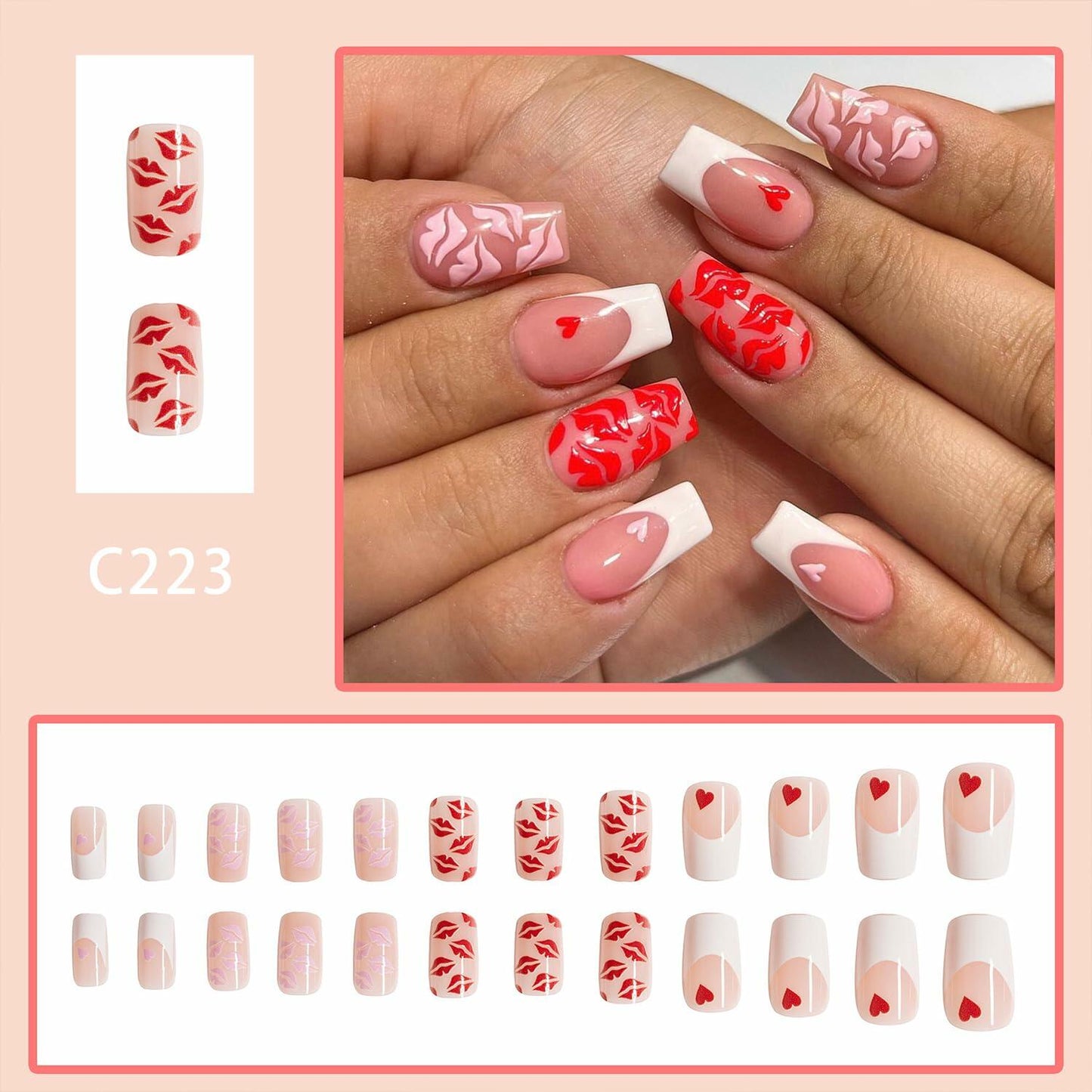 Valentine's Day Press On Nails Medium Square Red Lips Pink Heart French Tip