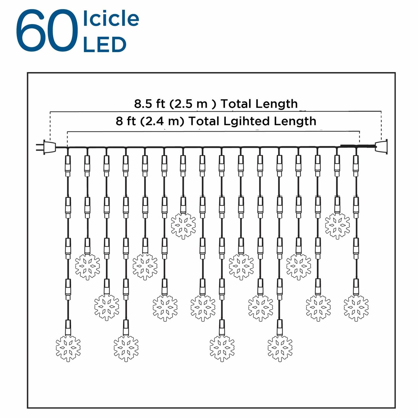 Brite Star Snowflake Icicle Light Set 60 Lights Pure White LED Christmas
