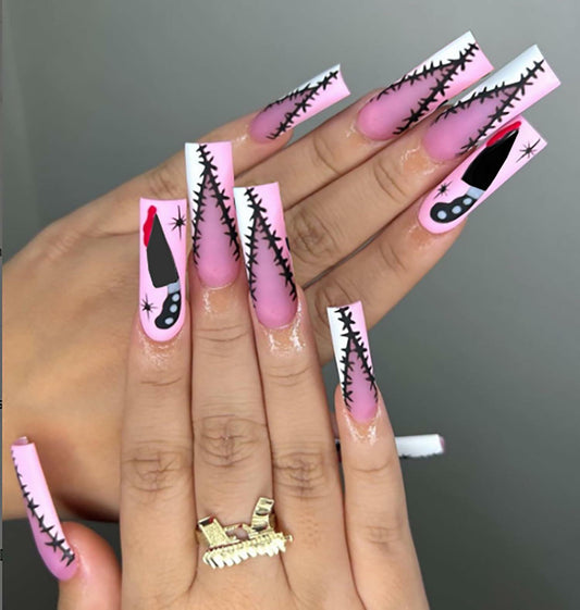 RIICFDD Halloween Fake Nails 24 Pcs Coffin Pink French Tip Ghost Designs