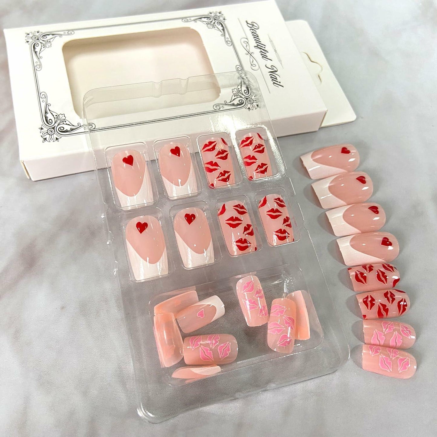 Valentine's Day Press On Nails Medium Square Red Lips Pink Heart French Tip
