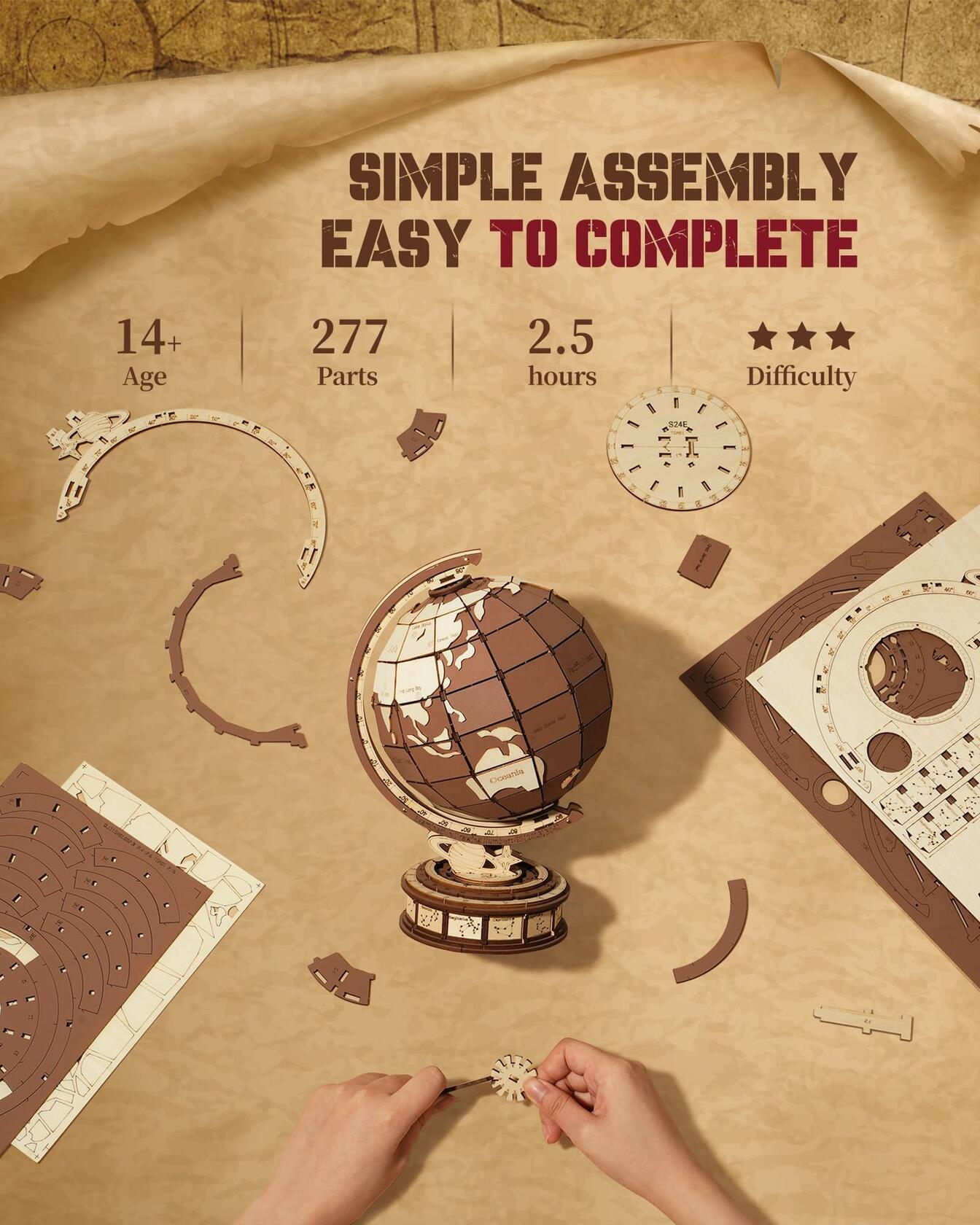 Rolife 3D Wooden Globe Puzzle Model Kit 277 Pcs Vintage Wood Building Set