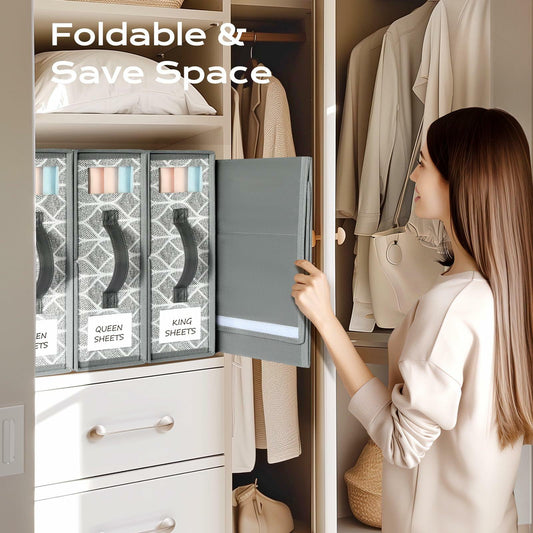 Yecaye 6 Pack Sheet Organizers Foldable Storage Boxes Queen King Grey