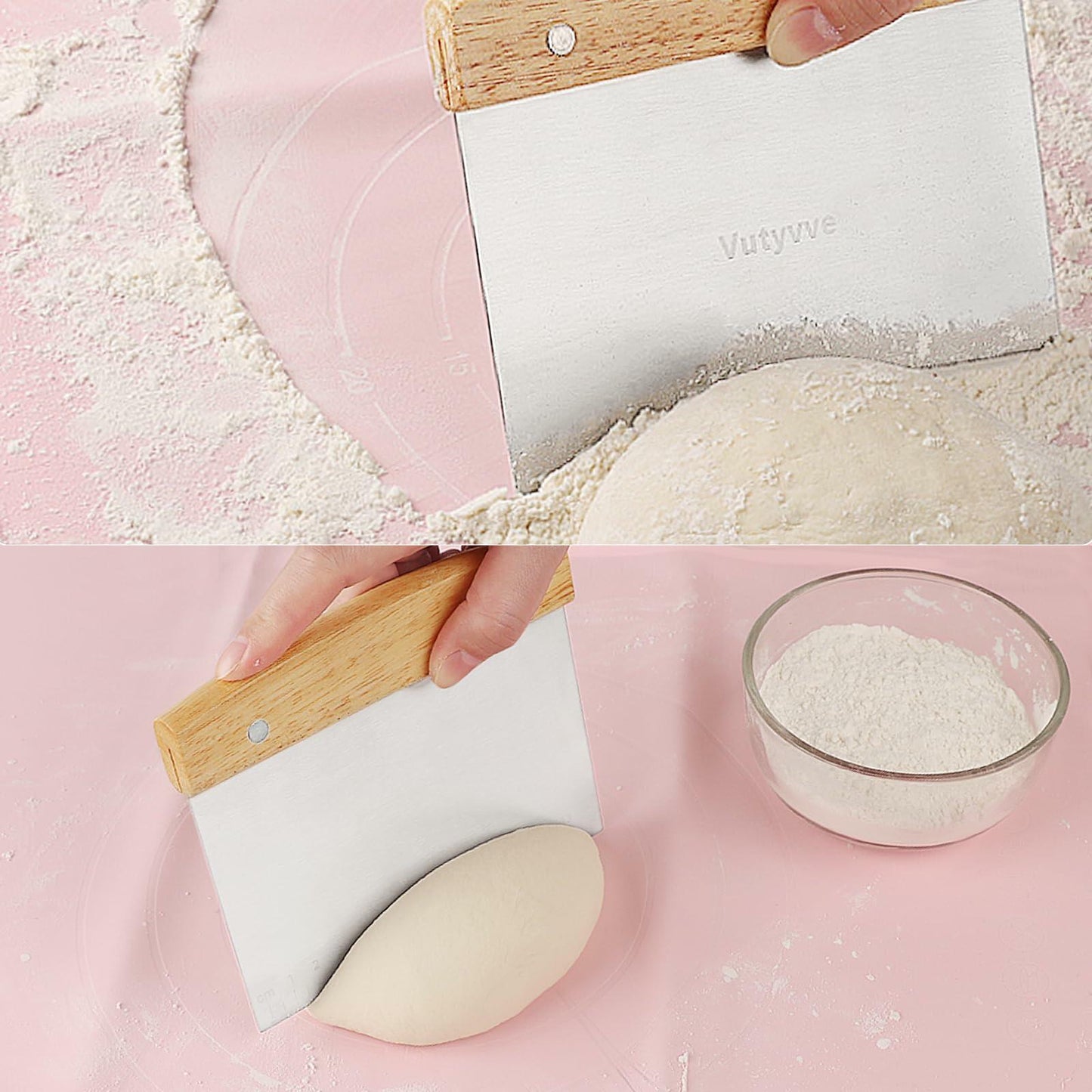 Vutyvve Dough Scraper Set, Wooden Handle Stainless Steel + 2 Plastic, 3 Pc