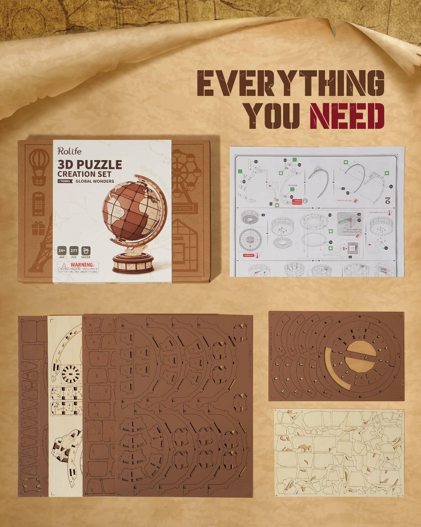 Rolife 3D Wooden Globe Puzzle Model Kit 277 Pcs Vintage Wood Building Set