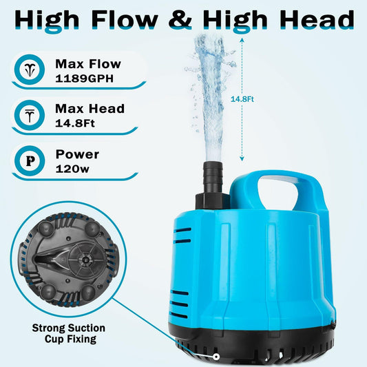 Submersible Water Pump 120W 1189GPH Quiet Aquarium Pond Fountain Pump