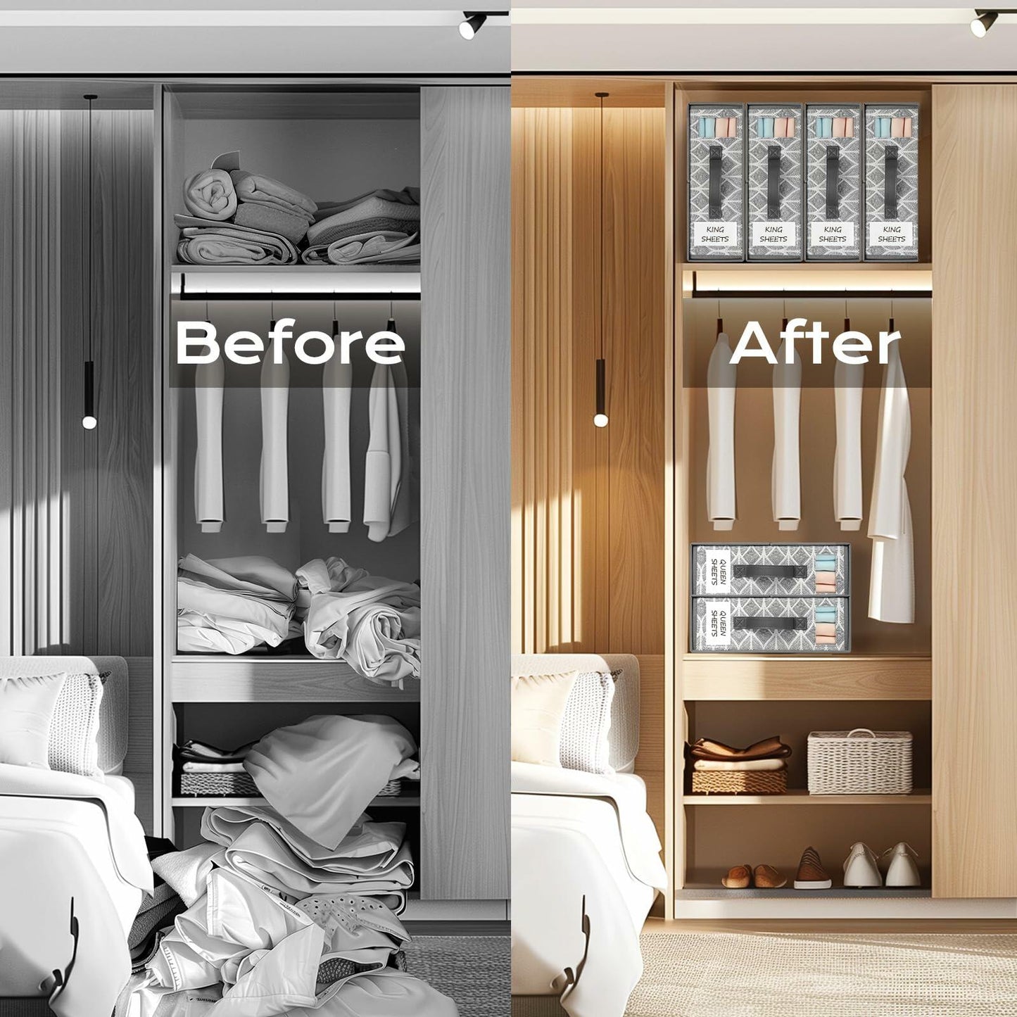 Yecaye 6 Pack Sheet Organizers Foldable Storage Boxes Queen King Grey