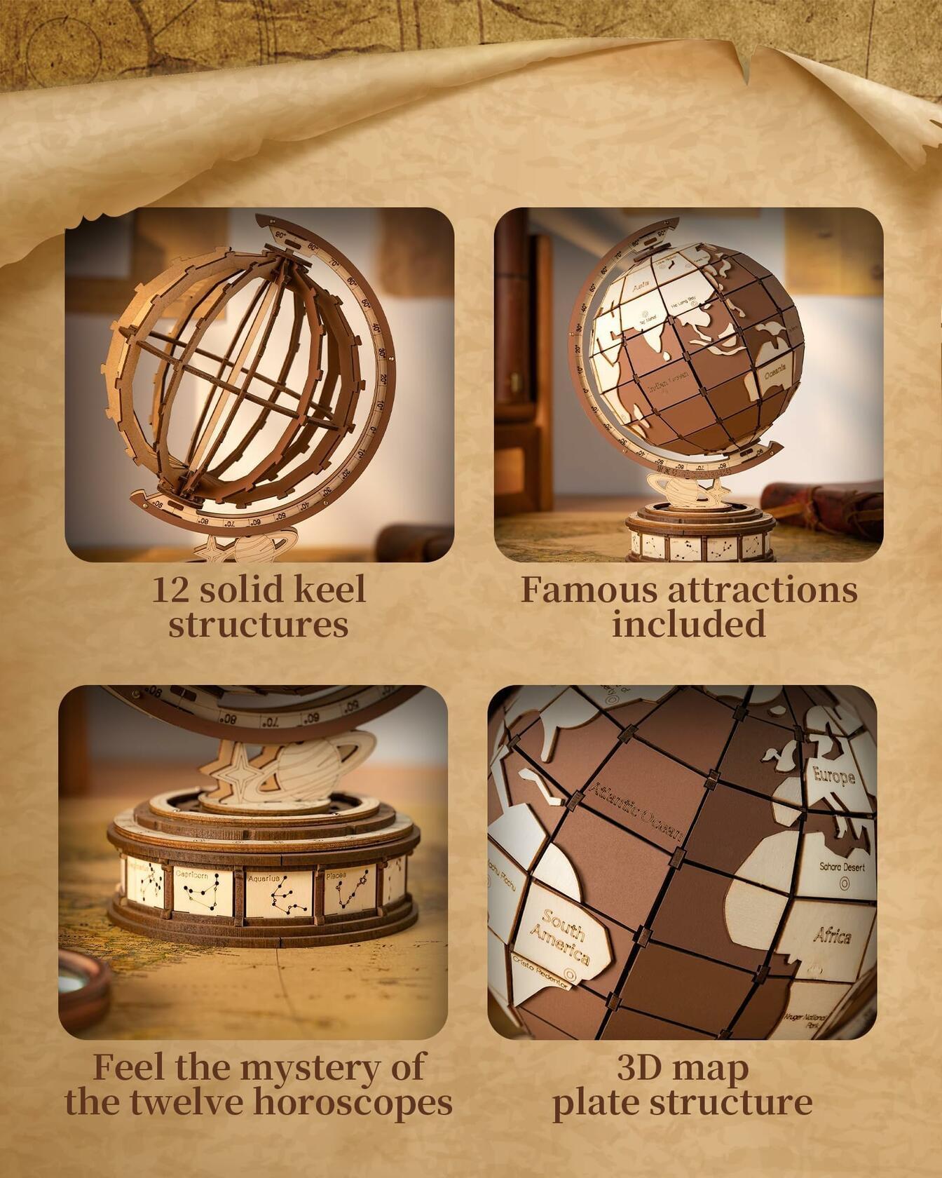 Rolife 3D Wooden Globe Puzzle Model Kit 277 Pcs Vintage Wood Building Set