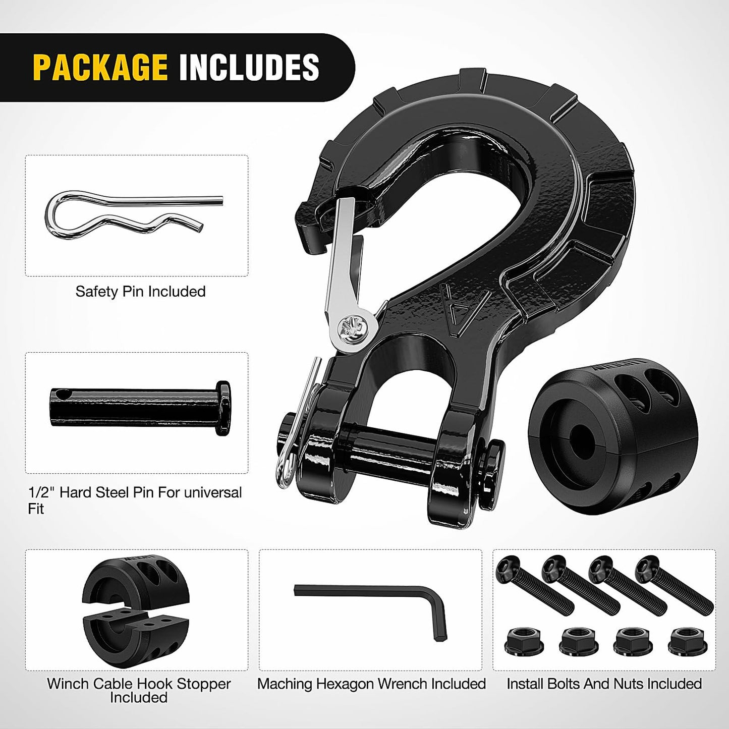 Nilight Forged Steel Winch Hook 3/8" Grade 70 Safety Latch Black