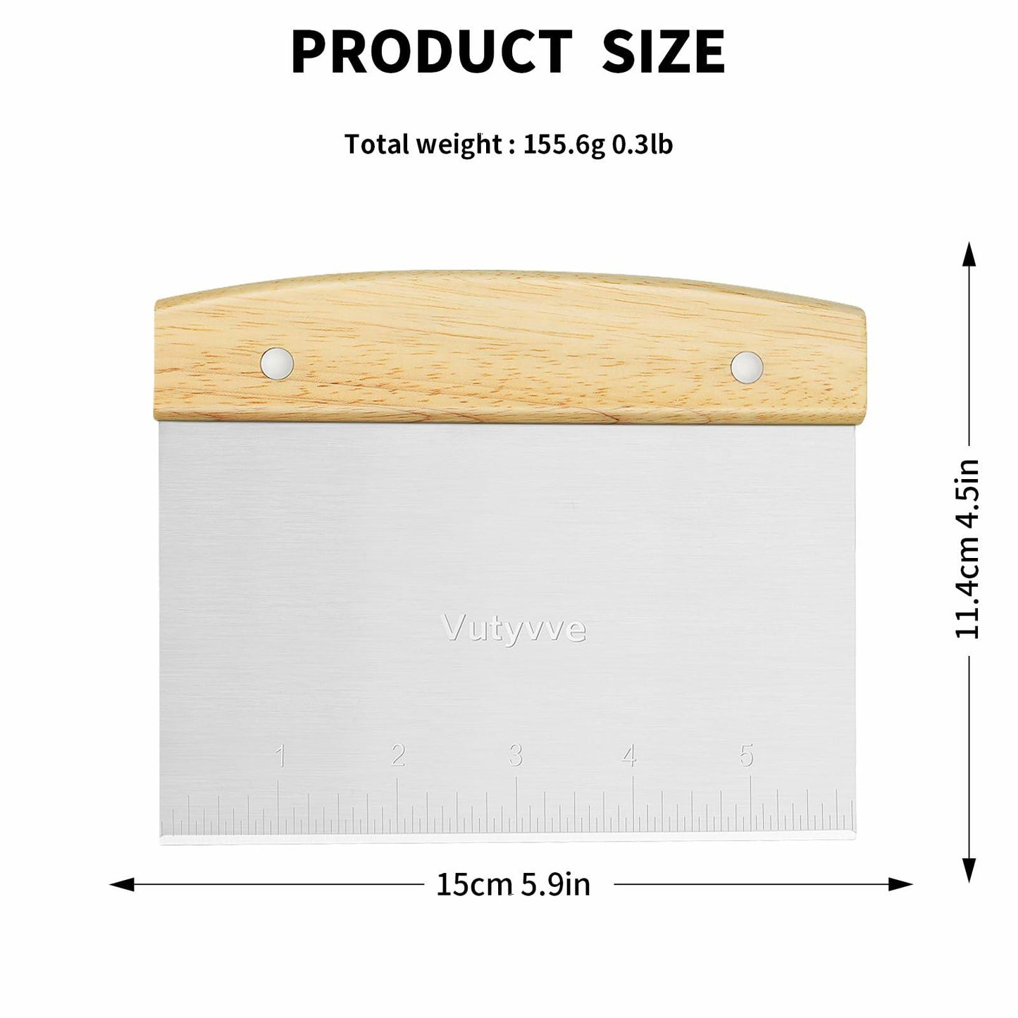 Vutyvve Dough Scraper Set, Wooden Handle Stainless Steel + 2 Plastic, 3 Pc