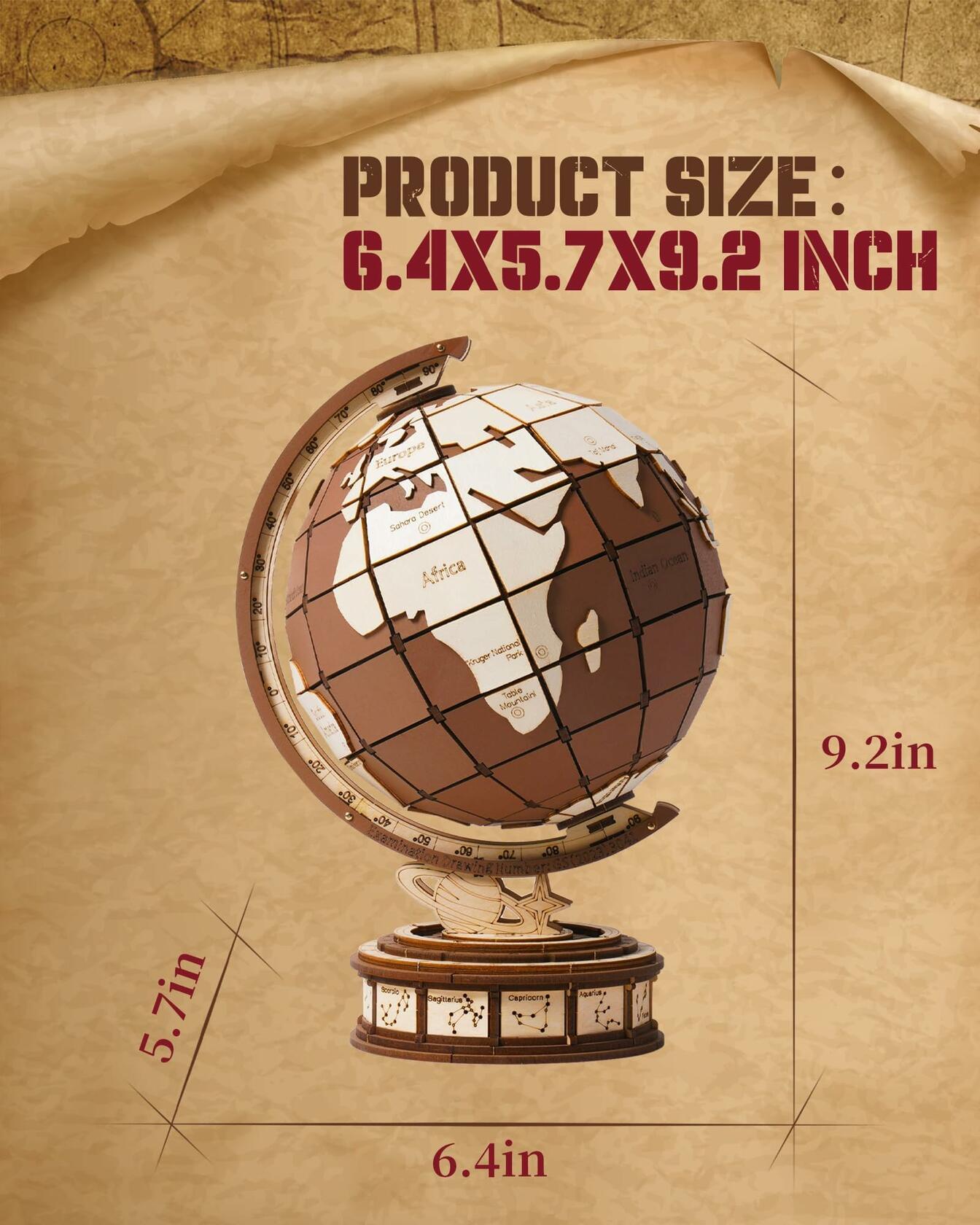 Rolife 3D Wooden Globe Puzzle Model Kit 277 Pcs Vintage Wood Building Set