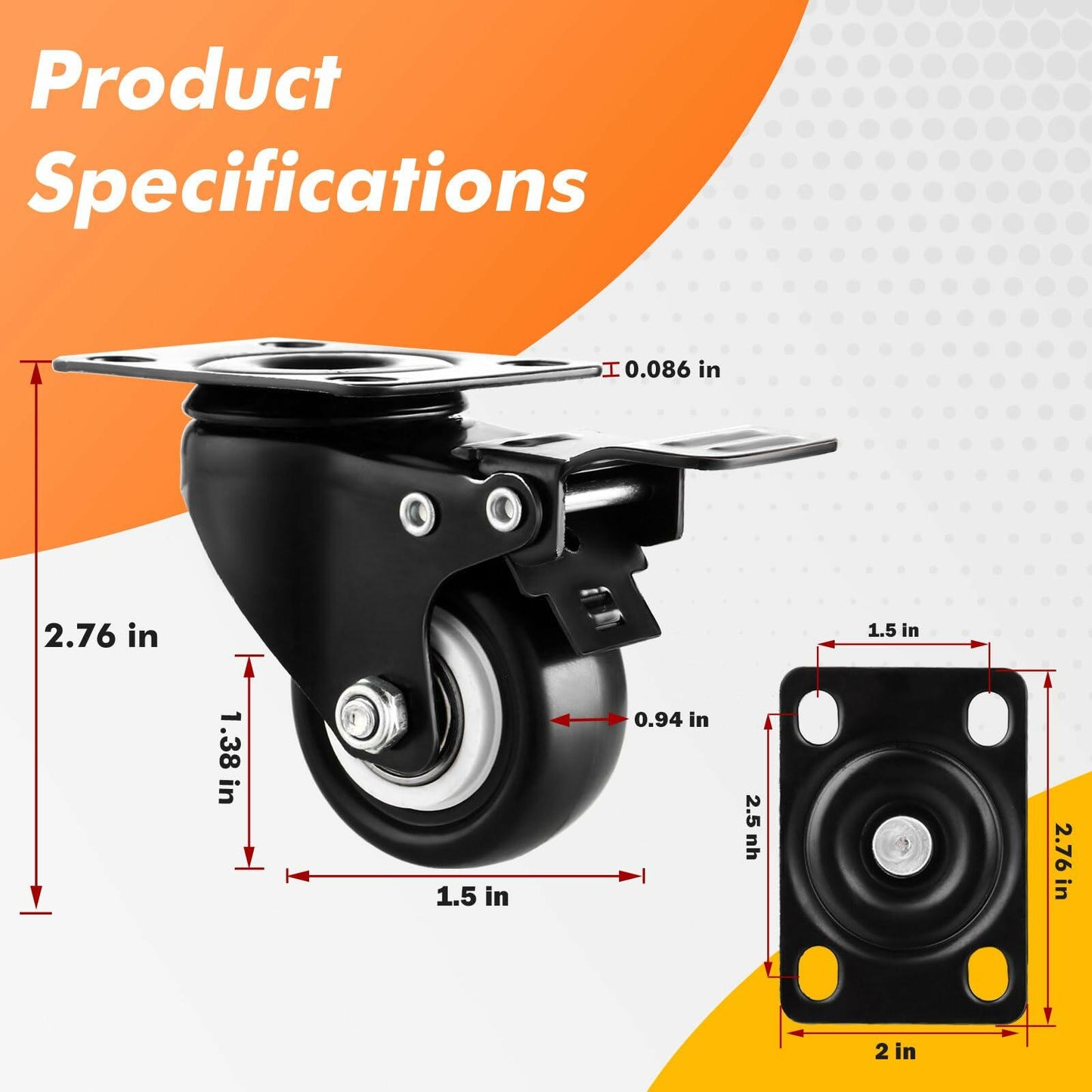 Heavy-duty 1.5" PU Casters Set of 8 with Brake Double Locking Black
