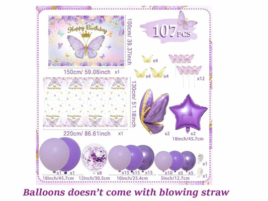 107 Pcs Purple Butterfly Birthday Decoration Set Indoor Outdoor Party