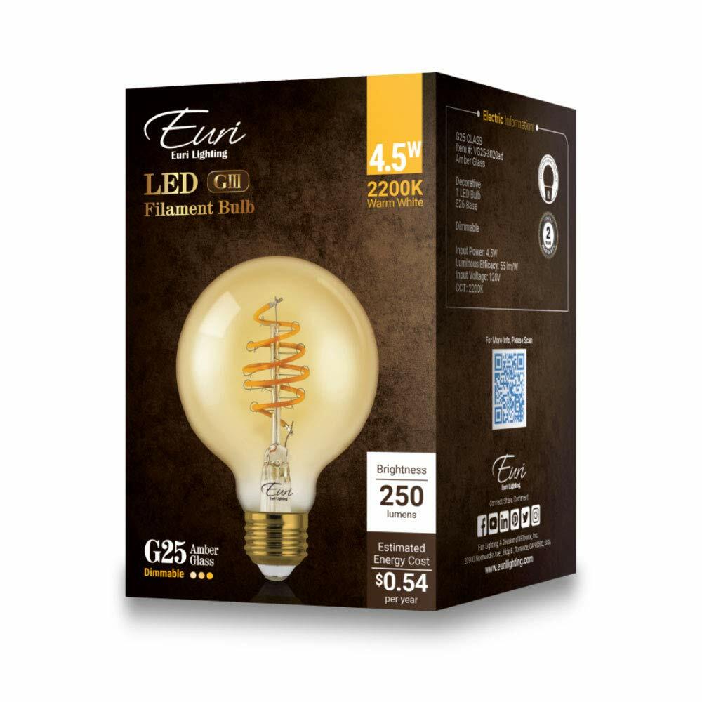 Euri Lighting VG25-3020ad Dimmable LED G25 Filament Bulb Amber Glass 1 Count