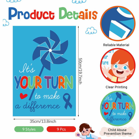 Feifeiya Child Abuse Prevention Poster Blue Pinwheel 9 Pcs Classroom Decor