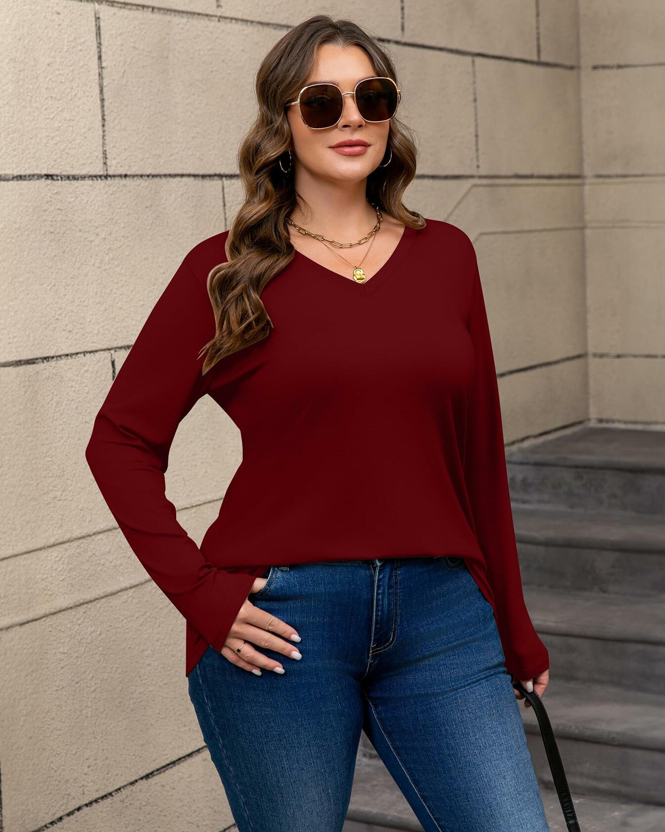 Women's Plus Size VNeck Long Sleeve T Shirts 3 Pack Black Navy Wine Red Size XXL