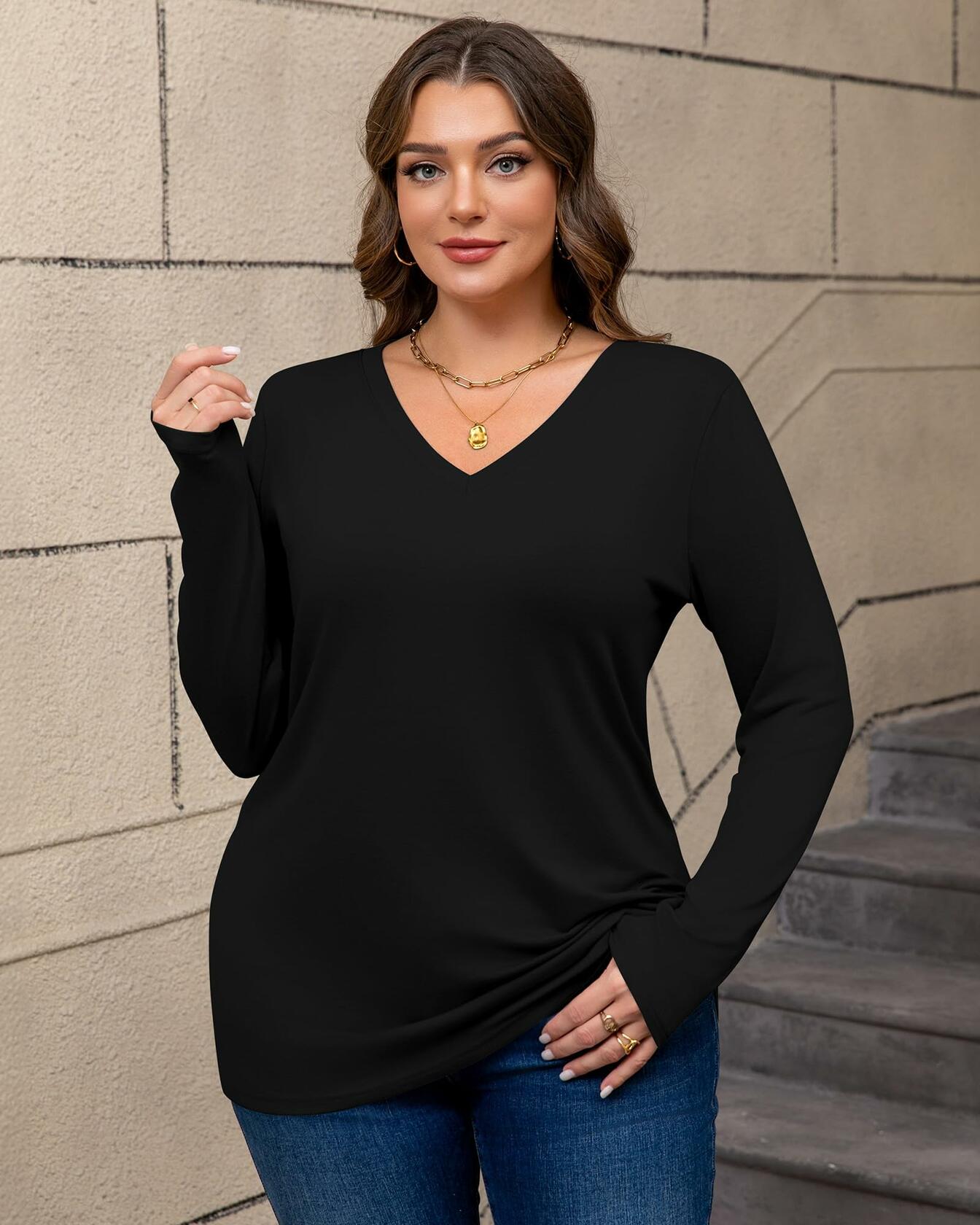Women's Plus Size VNeck Long Sleeve T Shirts 3 Pack Black Navy Wine Red Size XXL