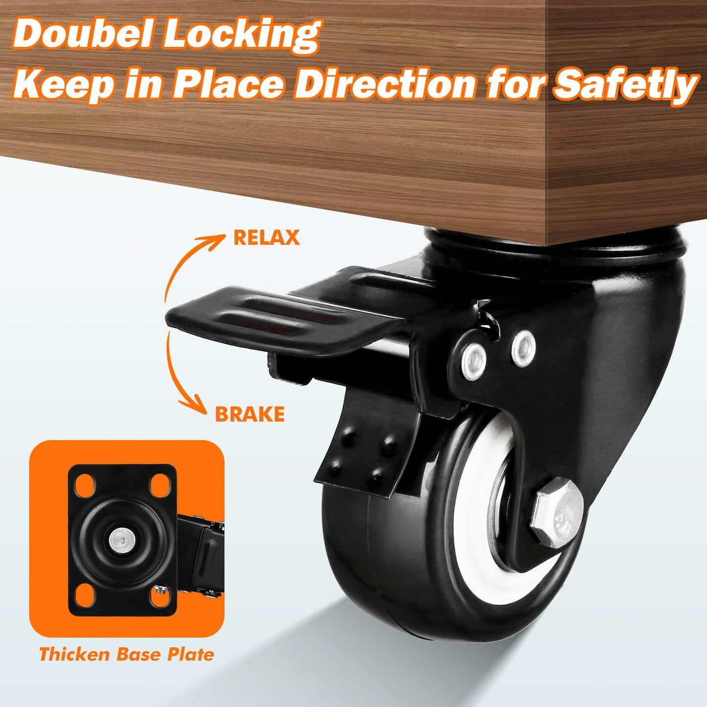 Heavy-duty 1.5" PU Casters Set of 8 with Brake Double Locking Black