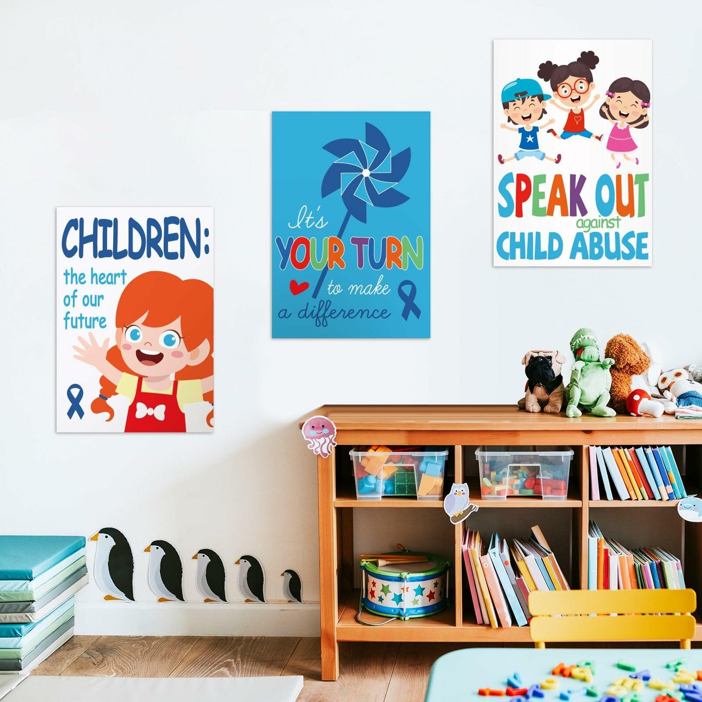 Feifeiya Child Abuse Prevention Poster Blue Pinwheel 9 Pcs Classroom Decor