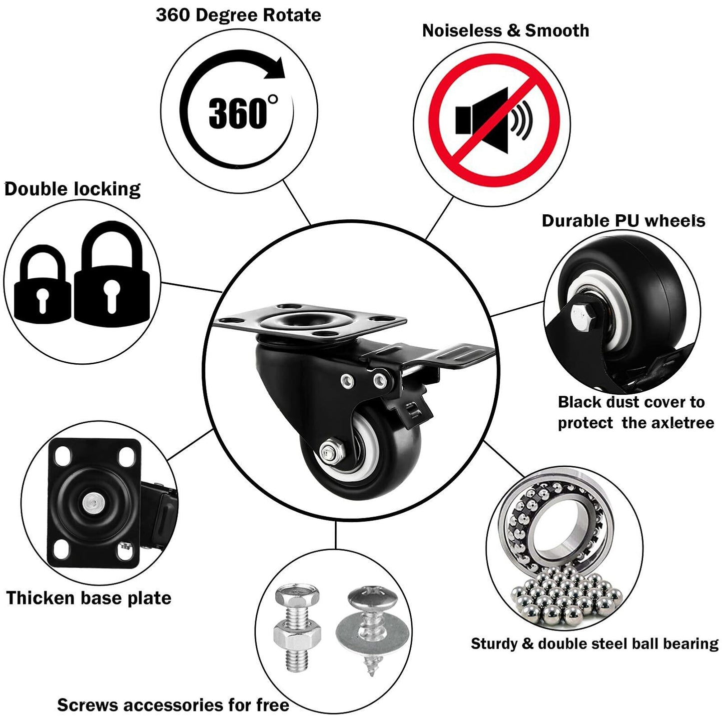 Heavy-duty 1.5" PU Casters Set of 8 with Brake Double Locking Black