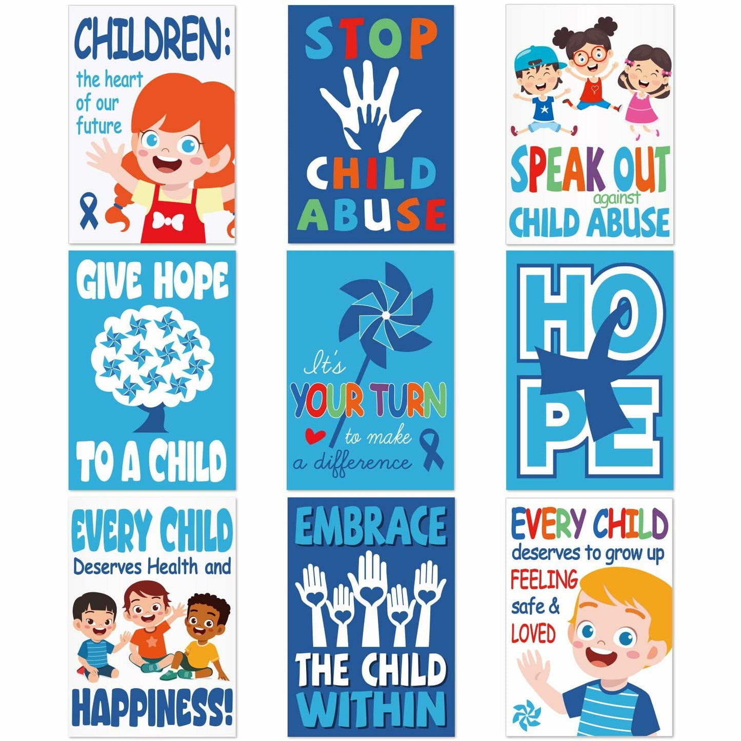 Feifeiya Child Abuse Prevention Poster Blue Pinwheel 9 Pcs Classroom Decor
